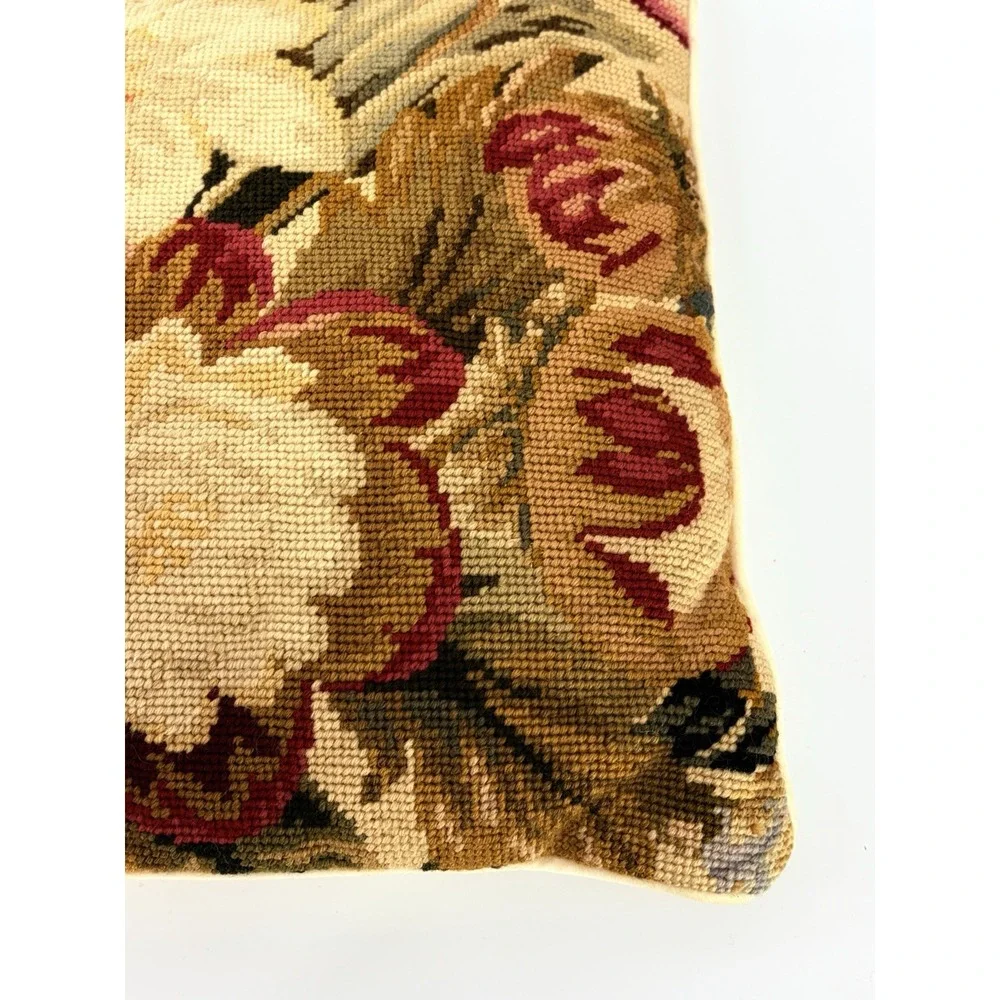 Vintage Floral Needlepoint Pillow Square Velvet Back Cottagecore 12